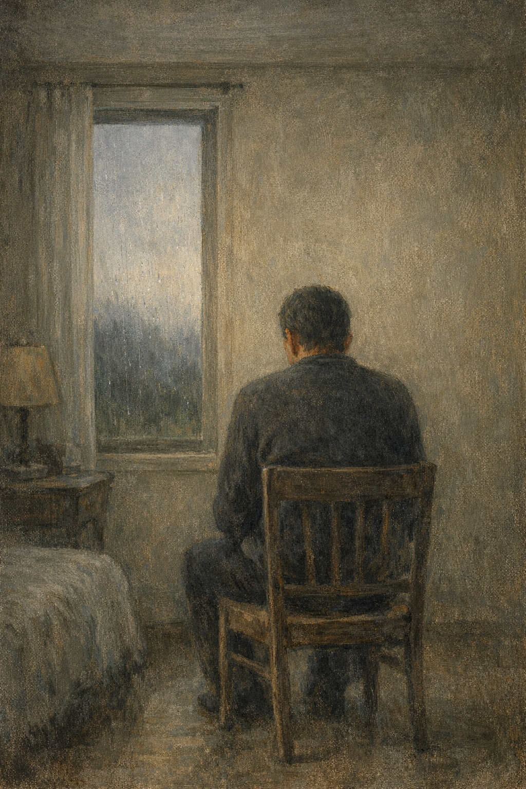 A solitary figure seated in a quiet room beside a rain-streaked window, rendered in muted, somber tones.